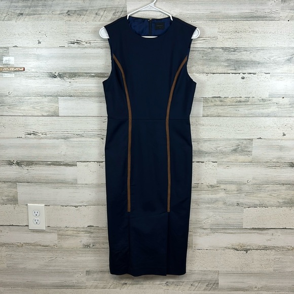 Pure Navy Brand Stretch Leather Trimmed Pencil Dress Navy Blue Women’s Size 8 - Picture 1 of 7